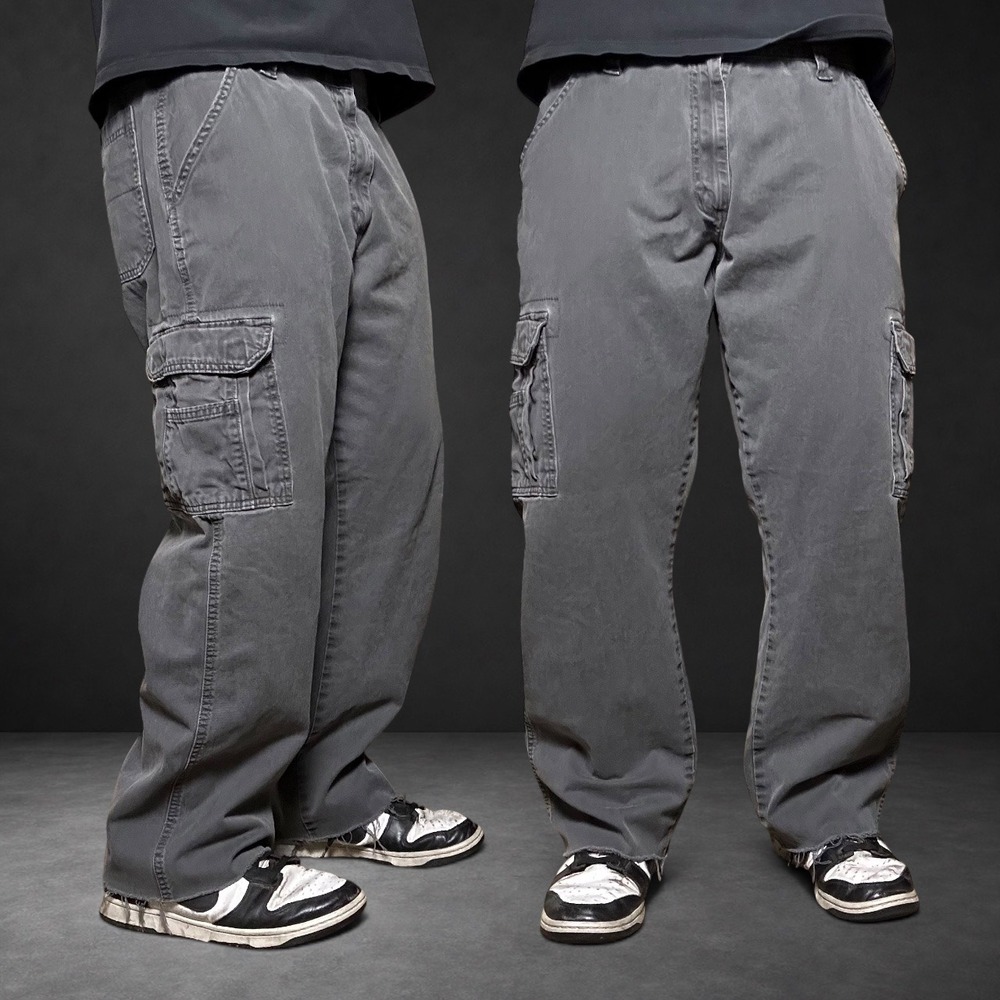 Wrangler Baggy Cargo Pants Gray Skater Y2K Vintage Frayed Hem Size 36x30